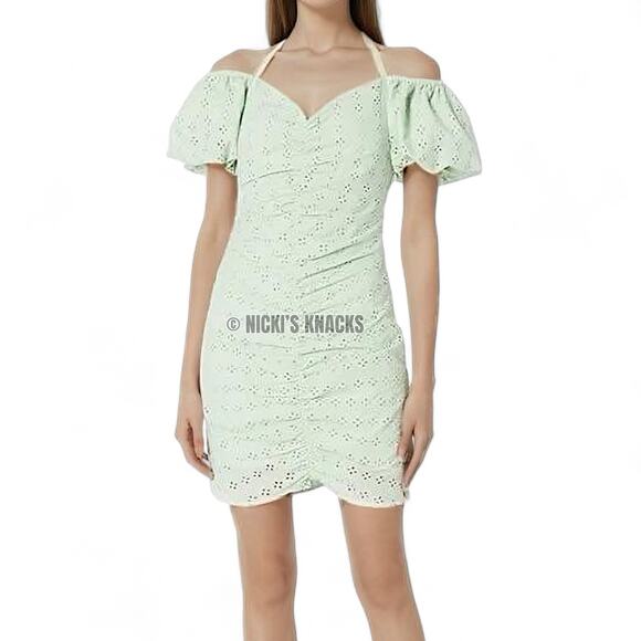 BCBGeneration Eyelet Halter Mini Dress Mint Green Puff Sleeve Cotton Size 0 - Picture 9 of 11